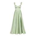 A light mint green satin formal gown with a sweetheart neckline, structured corset-style bodice, ruffled shoulder straps, and a full skirt with a front slit, shown on a plain light gray background.