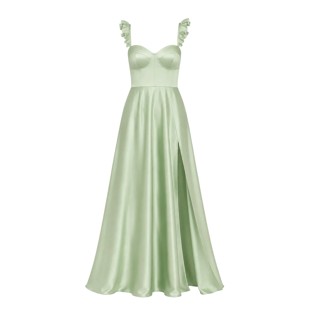 A light mint green satin formal gown with a sweetheart neckline, structured corset-style bodice, ruffled shoulder straps, and a full skirt with a front slit, shown on a plain light gray background.