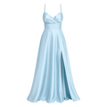 A light blue satin maxi dress with spaghetti straps, a sweetheart neckline, a defined waistband, and a high front slit, shown against a solid light gray background.