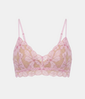 A light pink floral lace underwire bra with thin adjustable shoulder straps and a scalloped lace hem, displayed against a solid white background.