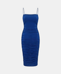 A royal blue ruched midi dress with thin spaghetti straps, shown against a plain light gray background.