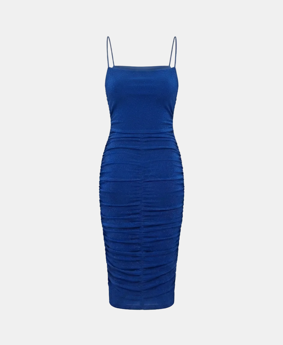 A royal blue ruched midi dress with thin spaghetti straps, shown against a plain light gray background.