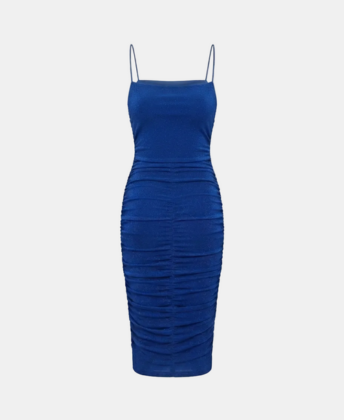 A royal blue ruched midi dress with thin spaghetti straps, shown against a plain light gray background.