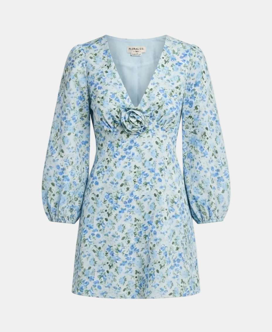 A light blue floral long-sleeve dress with a V-neckline, gathered waist, and a fabric rose detail at the chest, shown on a light gray background.
