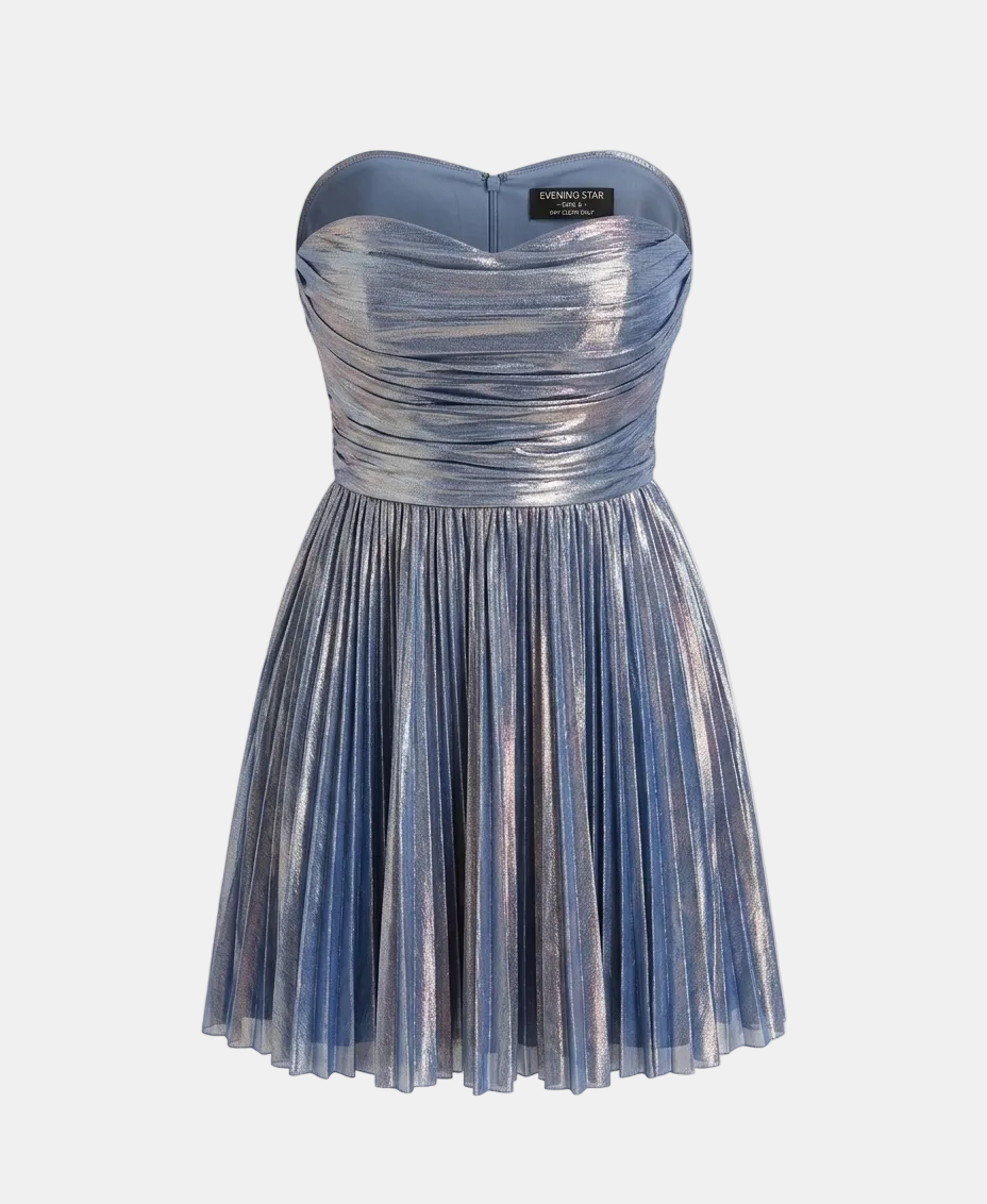 A strapless metallic blue pleated mini dress with a sweetheart neckline, shown against a light gray background.