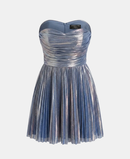 A strapless metallic blue pleated mini dress with a sweetheart neckline, shown against a light gray background.