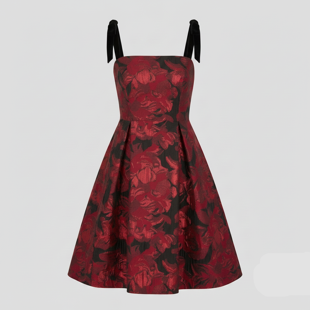 A sleeveless V-neck dress with a red and black floral jacquard pattern, featuring black ribbon shoulder straps, shown against a solid light gray background.