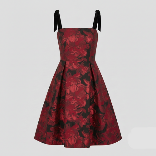 A sleeveless V-neck dress with a red and black floral jacquard pattern, featuring black ribbon shoulder straps, shown against a solid light gray background.