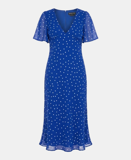 A royal blue midi-length wrap dress with white polka dots, featuring short flutter sleeves and a V-neckline, shown on a light gray background.