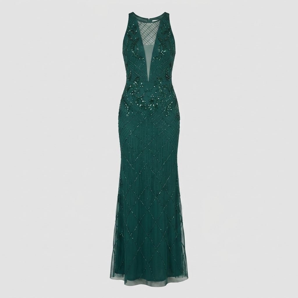 A sleeveless, floor-length dark green evening gown with a deep V-neckline, embellished with sparkling sequins and beadwork, and a sheer mesh overlay, shown against a light gray background.
