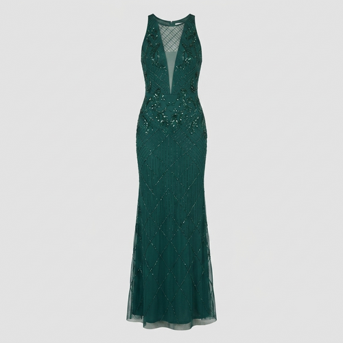 A sleeveless, floor-length dark green evening gown with a deep V-neckline, embellished with sparkling sequins and beadwork, and a sheer mesh overlay, shown against a light gray background.