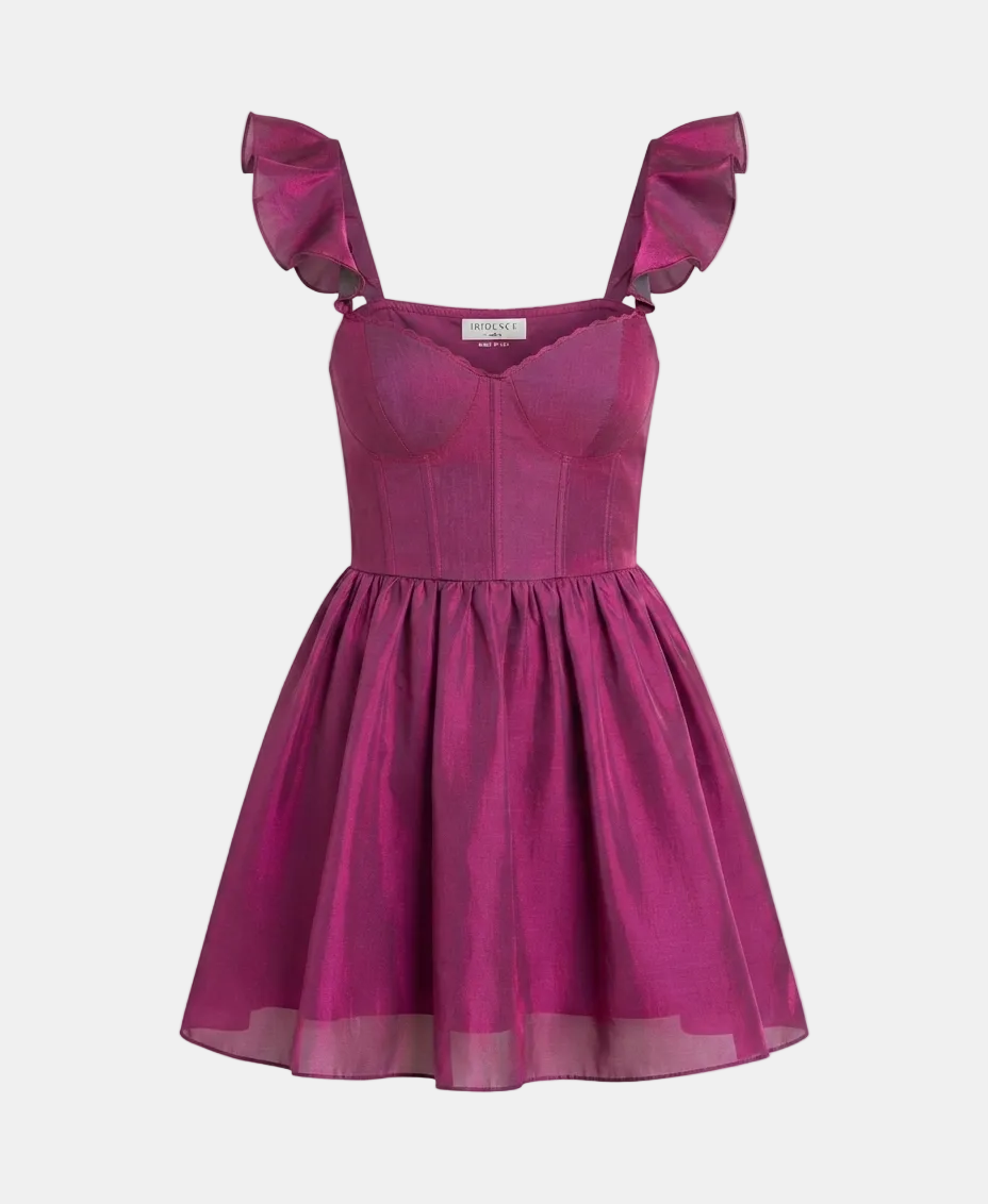 A magenta pink dress with ruffled shoulder straps, a structured sweetheart bodice, and a flared skirt, shown against a light gray background.