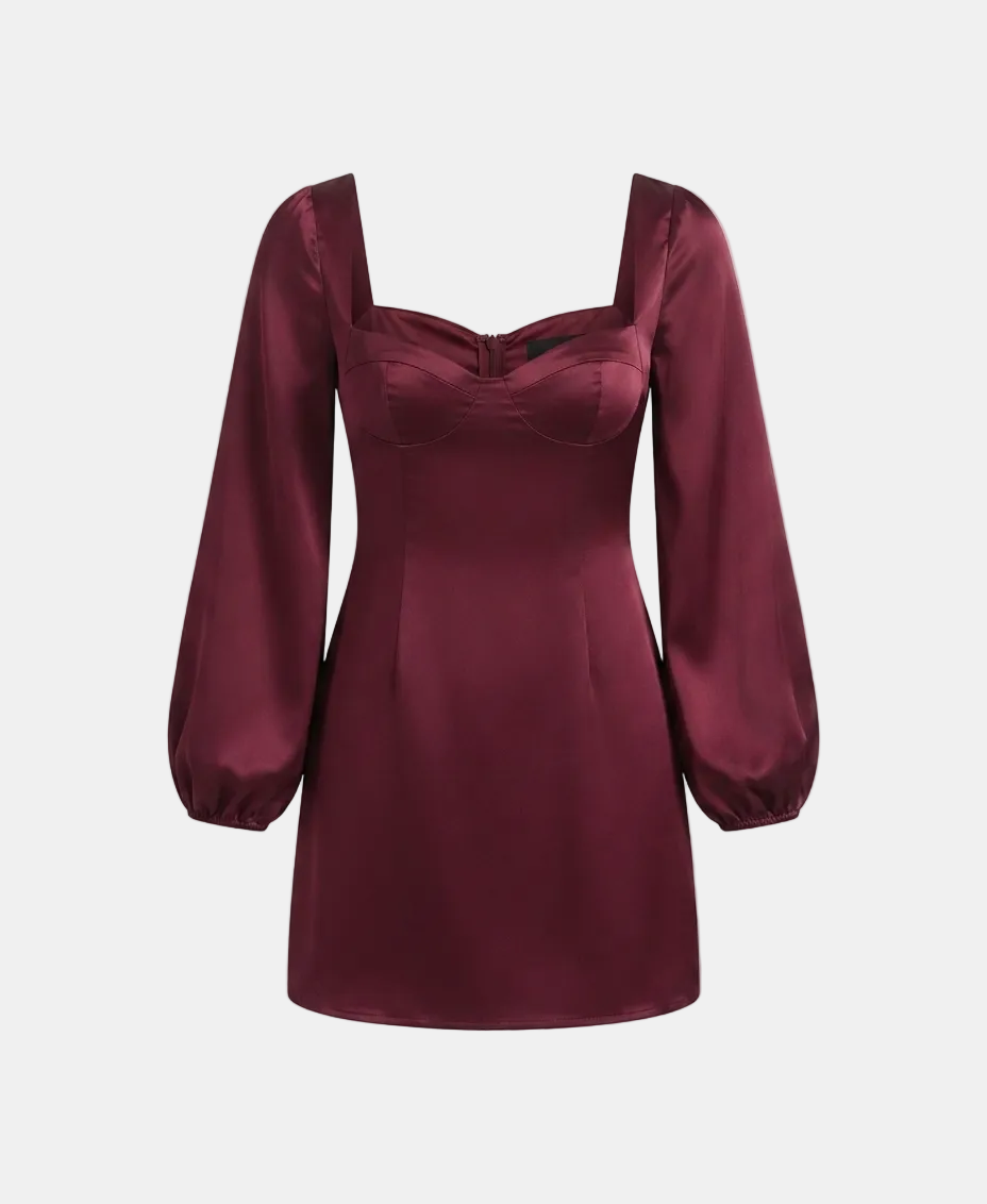 A satin mini dress in deep burgundy with a sweetheart neckline, square shoulders, and balloon sleeves, shown against a light gray background.