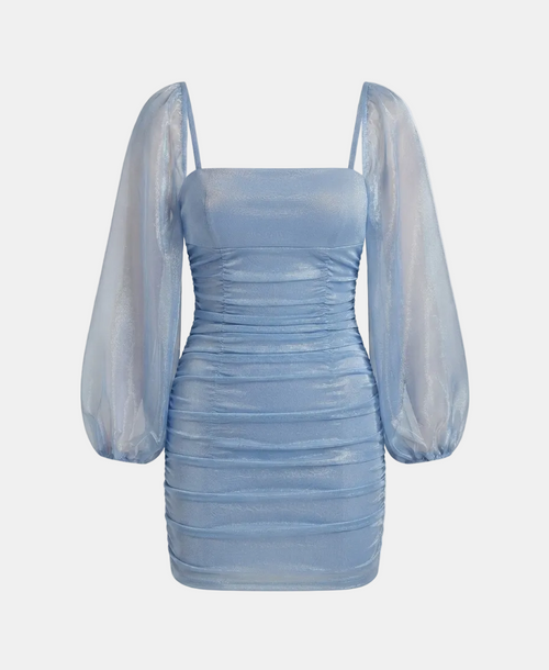 A light blue bodycon mini dress with sheer balloon sleeves, a square neckline, and a ruched bodice, shown against a light gray background.