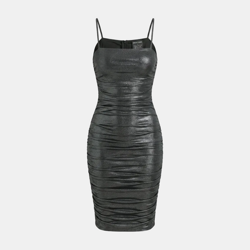 A black ruched faux-leather bodycon mini dress with thin spaghetti straps, shown against a solid light gray background.