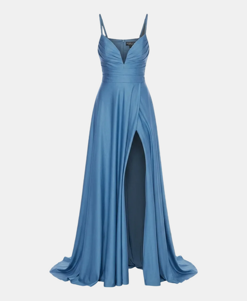 A light blue floor-length gown with thin spaghetti straps, a ruched sweetheart neckline, a high thigh slit, and a slight train, shown on a solid gray background.