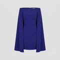 A royal blue off-the-shoulder dress with a structured, flared silhouette and front pleats, shown against a light gray background.