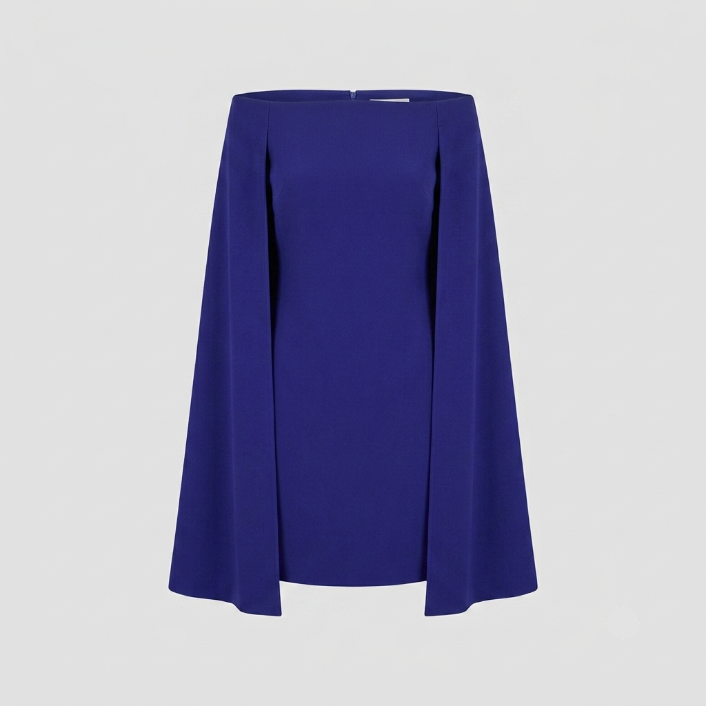A royal blue off-the-shoulder dress with a structured, flared silhouette and front pleats, shown against a light gray background.