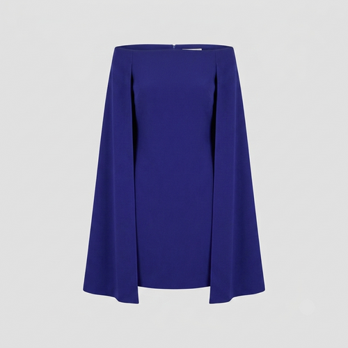 A royal blue off-the-shoulder dress with a structured, flared silhouette and front pleats, shown against a light gray background.