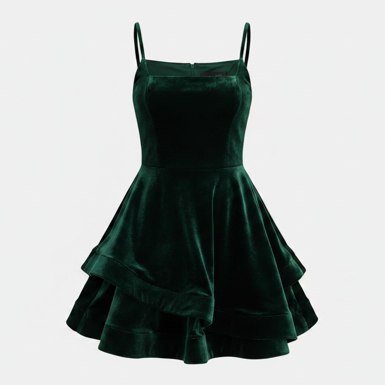 A green velvet mini dress with thin spaghetti straps, a structured sweetheart bodice, and a flared tiered skirt, shown against a light gray background.