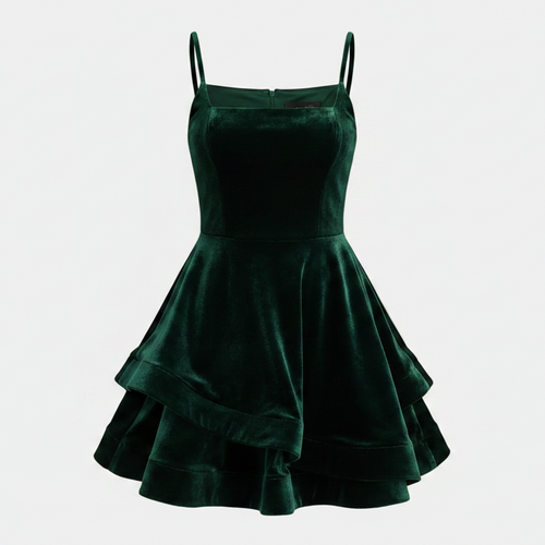 A green velvet mini dress with thin spaghetti straps, a structured sweetheart bodice, and a flared tiered skirt, shown against a light gray background.