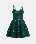 A dark green sequined spaghetti-strap mini dress with a fitted bodice and flared skirt, shown against a light gray background.
