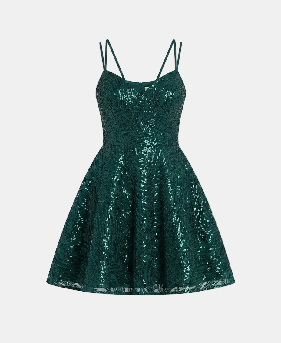 A dark green sequined spaghetti-strap mini dress with a fitted bodice and flared skirt, shown against a light gray background.