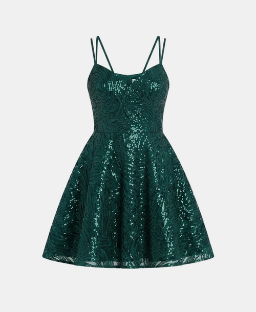 A dark green sequined spaghetti-strap mini dress with a fitted bodice and flared skirt, shown against a light gray background.