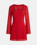 A bright red long-sleeve dress with a square neckline and sheer mesh sleeves, shown against a light gray background.