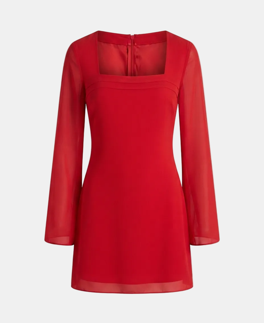 A bright red long-sleeve dress with a square neckline and sheer mesh sleeves, shown against a light gray background.