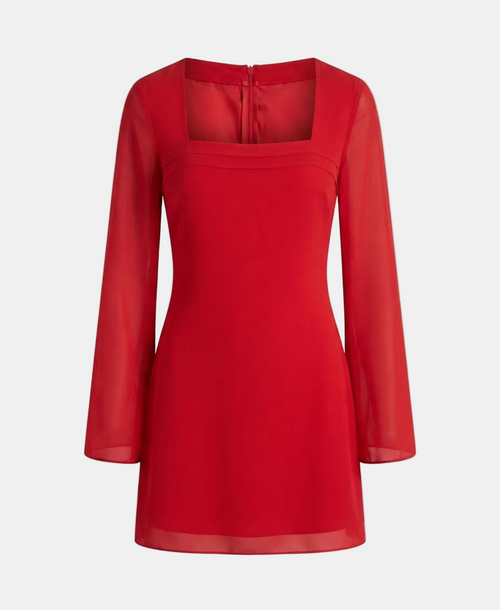 A bright red long-sleeve dress with a square neckline and sheer mesh sleeves, shown against a light gray background.