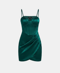 A dark emerald green satin mini dress with a corset-style bodice and thin spaghetti straps, shown against a light gray background.