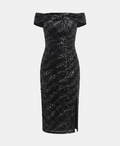 A black off-the-shoulder midi dress covered in shimmering sequins, shown against a light gray background.