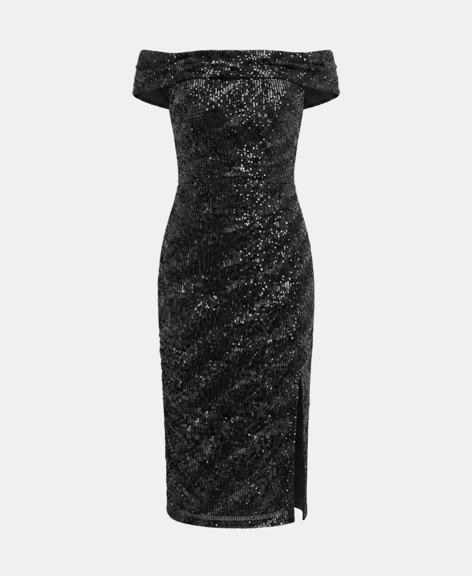 A black off-the-shoulder midi dress covered in shimmering sequins, shown against a light gray background.