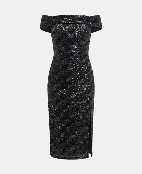 A black off-the-shoulder midi dress covered in shimmering sequins, shown against a light gray background.