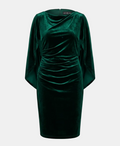 A dark green velvet midi dress with long draped sleeves, a draped neckline, and a ruched waist, shown against a light gray background.
