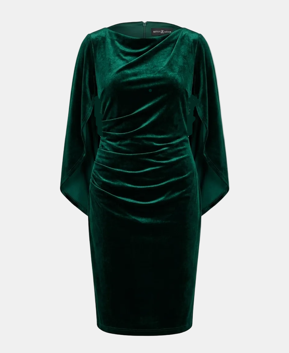 A dark green velvet midi dress with long draped sleeves, a draped neckline, and a ruched waist, shown against a light gray background.