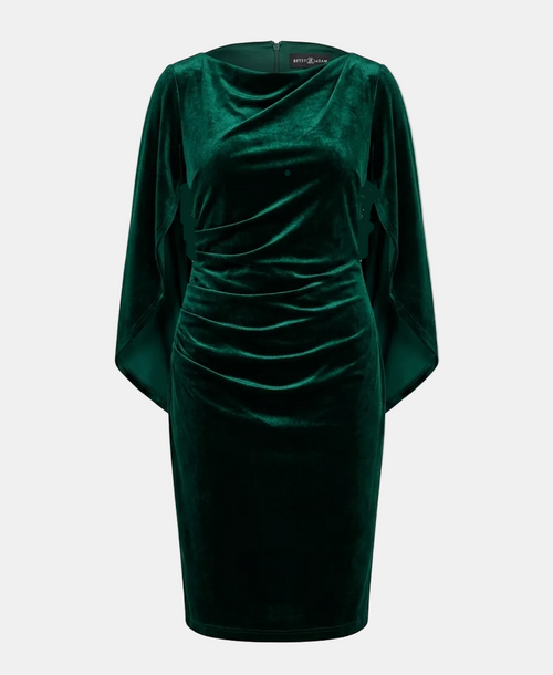 A dark green velvet midi dress with long draped sleeves, a draped neckline, and a ruched waist, shown against a light gray background.