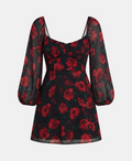 A black sheer long-sleeve mini dress with a vibrant red floral print, featuring a sweetheart neckline, thin shoulder straps, and puffed balloon sleeves, shown against a light gray background.