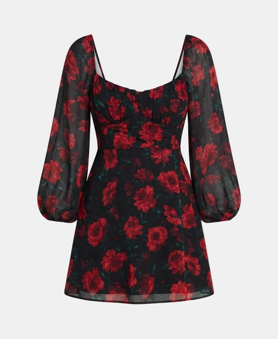 A black sheer long-sleeve mini dress with a vibrant red floral print, featuring a sweetheart neckline, thin shoulder straps, and puffed balloon sleeves, shown against a light gray background.