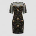 A black sheer mesh knee-length dress with gold floral and scroll embroidery, featuring short sheer flutter sleeves and a high neckline, shown against a light gray background.