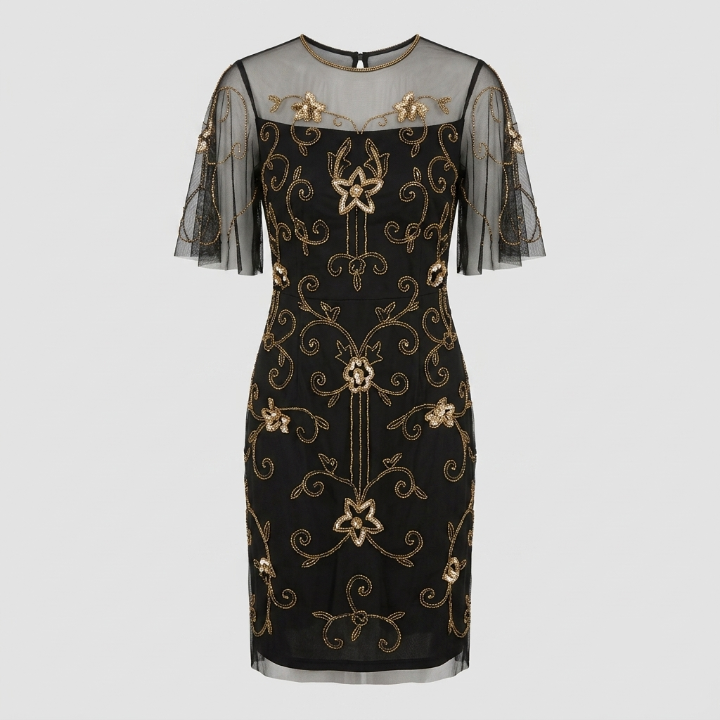 A black sheer mesh knee-length dress with gold floral and scroll embroidery, featuring short sheer flutter sleeves and a high neckline, shown against a light gray background.