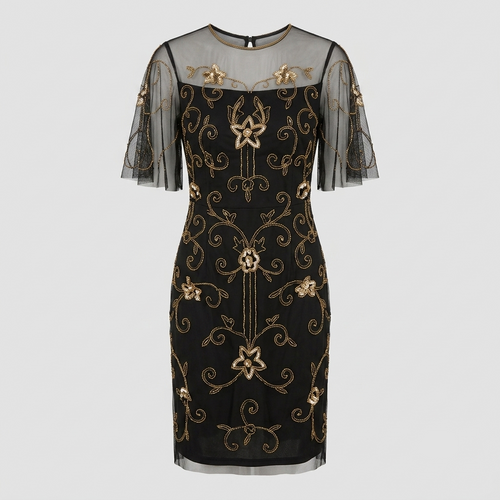 A black sheer mesh knee-length dress with gold floral and scroll embroidery, featuring short sheer flutter sleeves and a high neckline, shown against a light gray background.