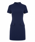A navy blue short-sleeve dress with a mock neck, structured shoulders, and two front flap pockets, shown on a plain white background.