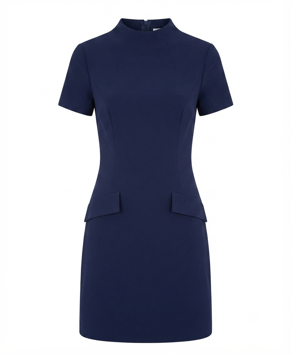 A navy blue short-sleeve dress with a mock neck, structured shoulders, and two front flap pockets, shown on a plain white background.