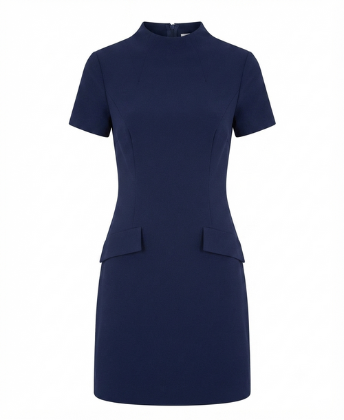 A navy blue short-sleeve dress with a mock neck, structured shoulders, and two front flap pockets, shown on a plain white background.