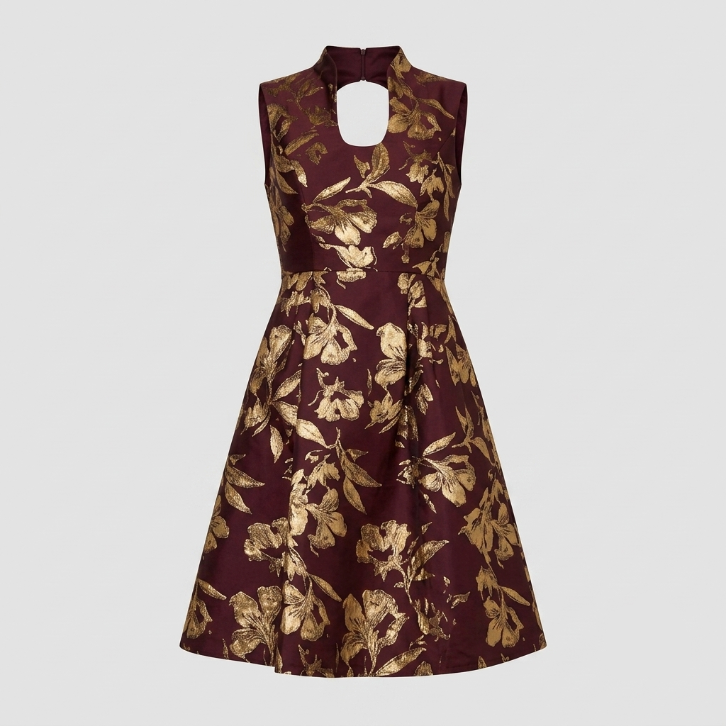A sleeveless A-line dress in deep burgundy with a metallic gold floral print, featuring a high keyhole neckline, shown on a light gray background.