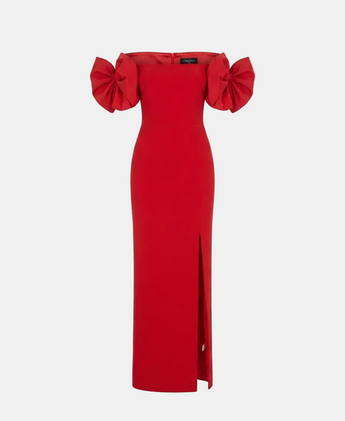 A bright red off-the-shoulder midi dress with voluminous ruffled sleeves and a front slit, shown on a light gray background.