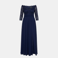 A navy blue off-the-shoulder maxi dress with a lace bodice, three-quarter sleeves, and a flowing chiffon skirt, shown on a neutral light gray background.
