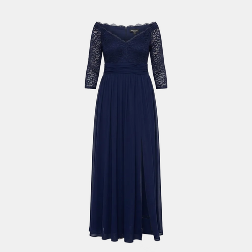A navy blue off-the-shoulder maxi dress with a lace bodice, three-quarter sleeves, and a flowing chiffon skirt, shown on a neutral light gray background.